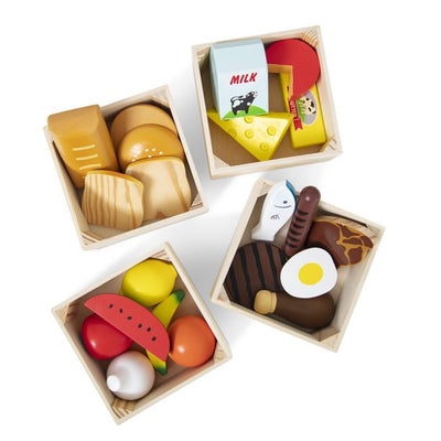 Plastic food toys: 21 wooden pieces and 4 boxes