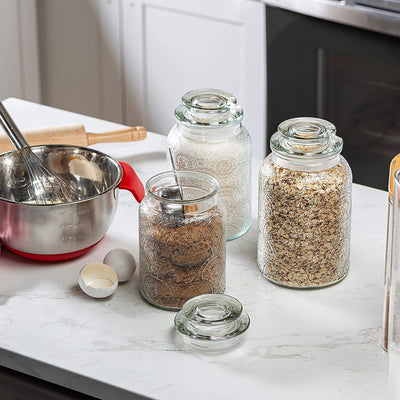 Glass kitchen organization jars for storing dry ingredients