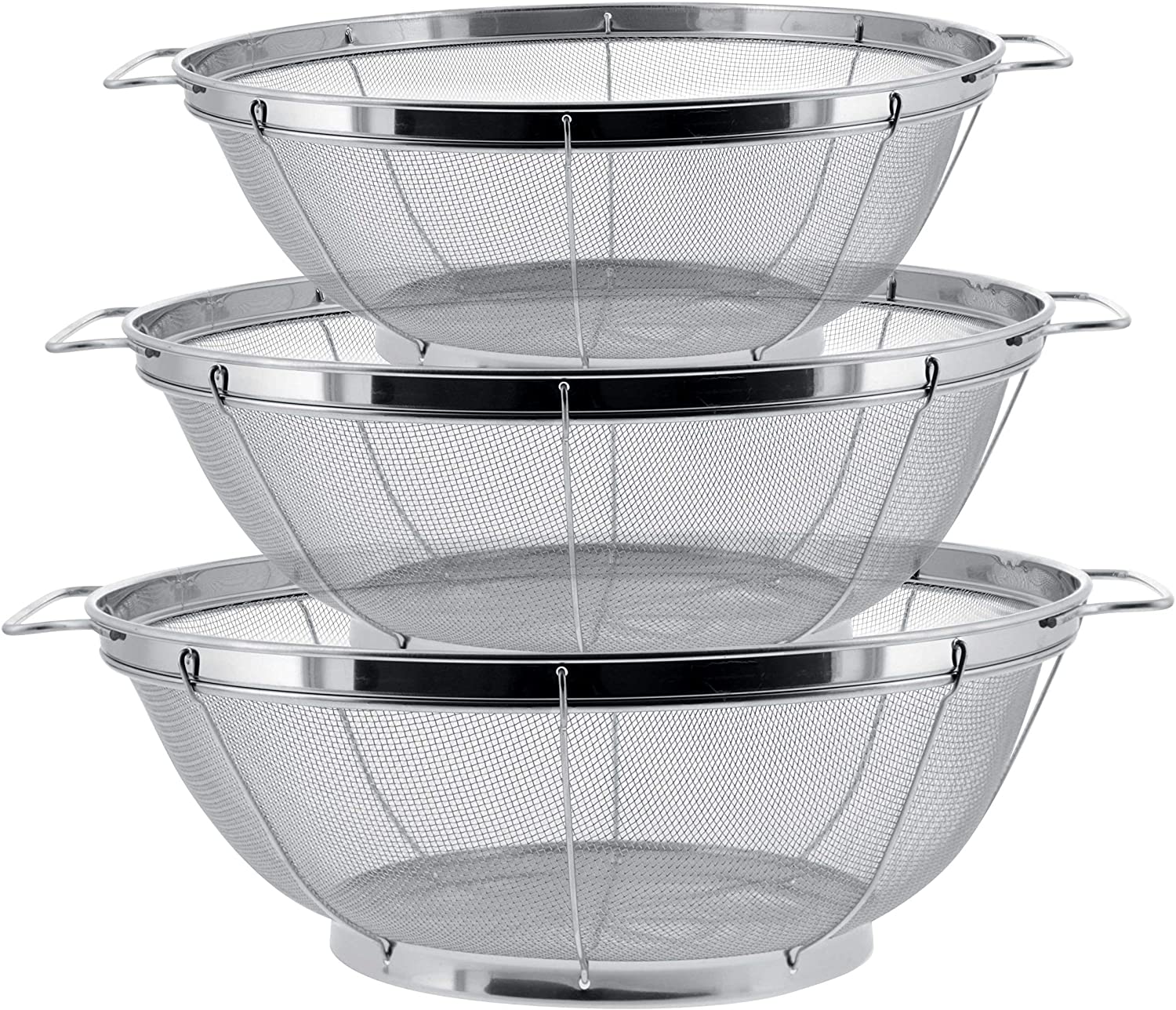 Set of 3 stainless steel mesh strainers ideal for straining, draining, rinsing, steaming or cooking.