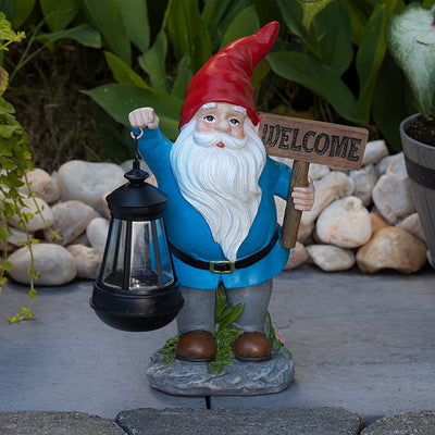 Welcome Gnome with Solar Powered Led Lantern (Red Hat)