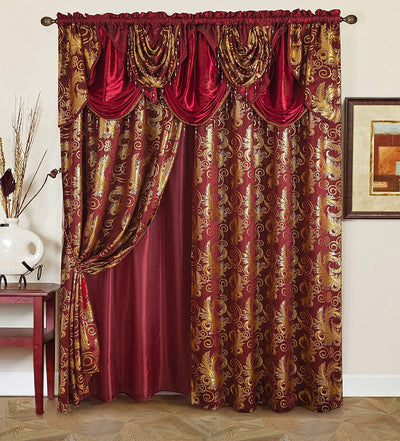 Burgundy Luxury Curtain Window Panel Set Curtain with Attached Valance and Backing Bedroom