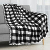 Plaid Pom Pom Fringe Throw Blanket, (Black & White), 60" x 80"