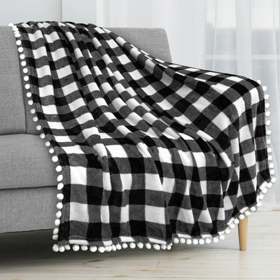 Plaid Pom Pom Fringe Throw Blanket, (Black & White), 60" x 80"