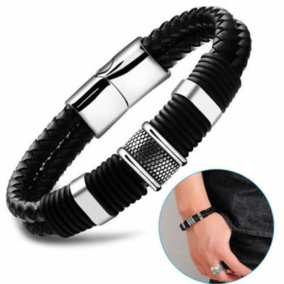 Black Braided Leather Silver Stainless Steel Bracelet