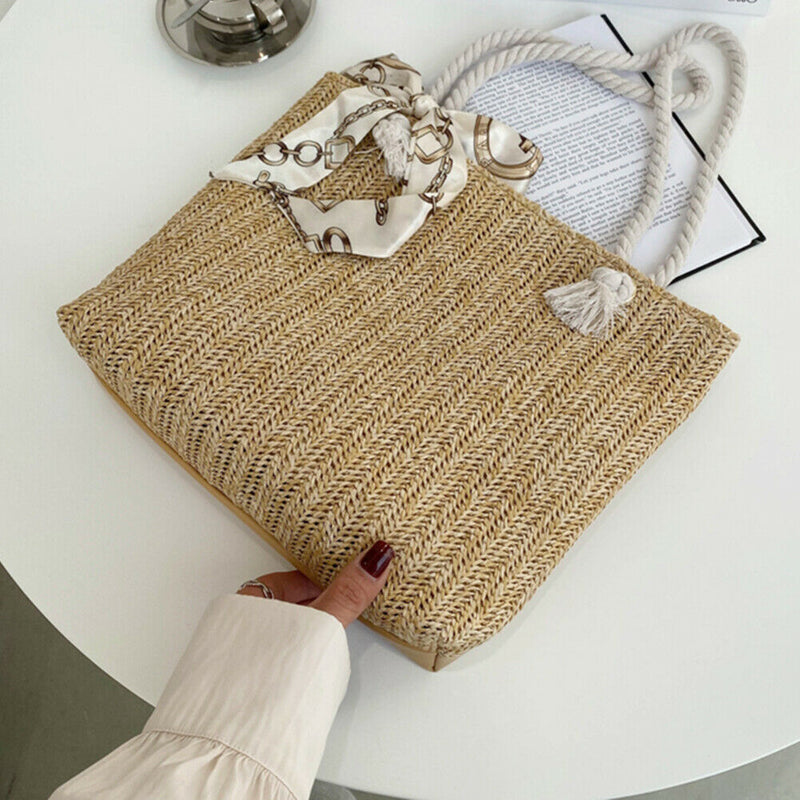 Large woven straw bag with silk scarf color: khaki